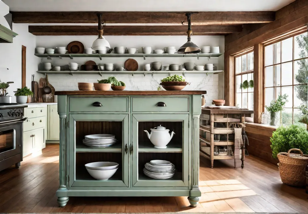 A charming kitchen island crafted from a repurposed antique dresser painted afeat