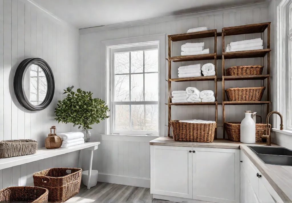 A charming laundry room with white shiplap walls open wooden shelving displayingfeat