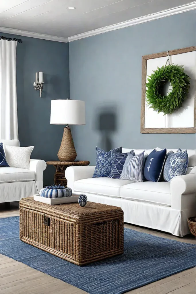A coastalinspired living room with wicker furniture and nautical accents