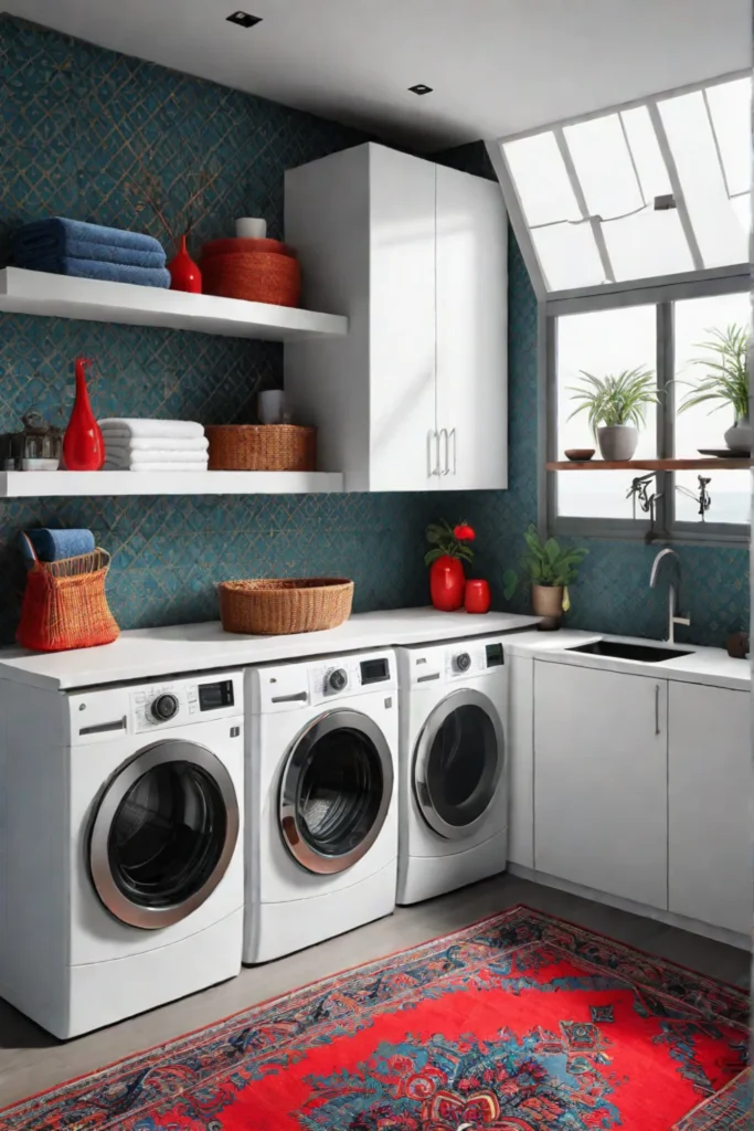 A colorful laundry room with patterned wallpaper and decorative boxes