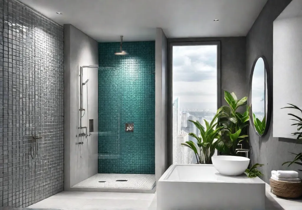 A contemporary bathroom with a spacious walkin shower featuring a builtin nichefeat