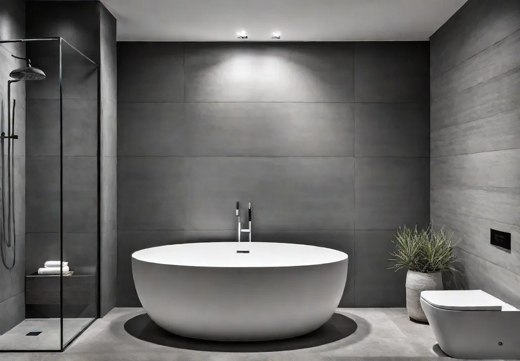 A contemporary bathroom with a spacious walkin shower featuring large format porcelainfeat