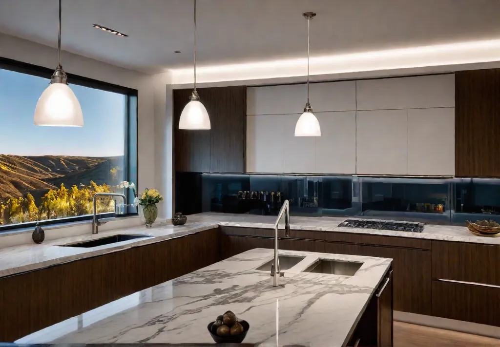 A contemporary kitchen bathed in warm inviting light showcasing a harmonious blendfeat