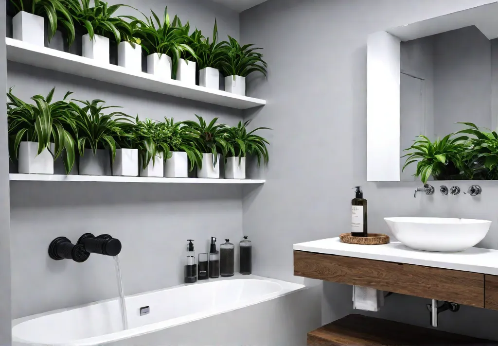 A cozy and functional small bathroom with DIY floating shelves adorned withfeat