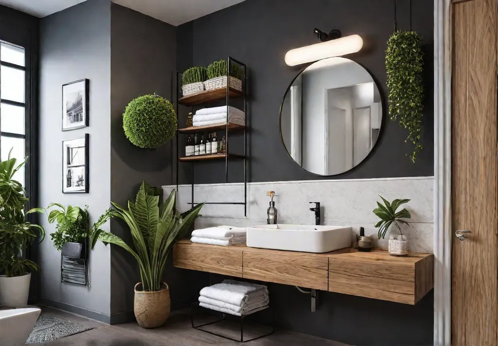 A cozy and inviting small bathroom with ample vertical storage including floatingfeat
