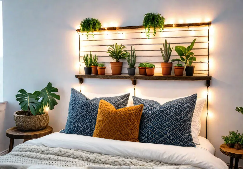 A cozy apartment bedroom with a DIY headboard made from reclaimed woodfeat