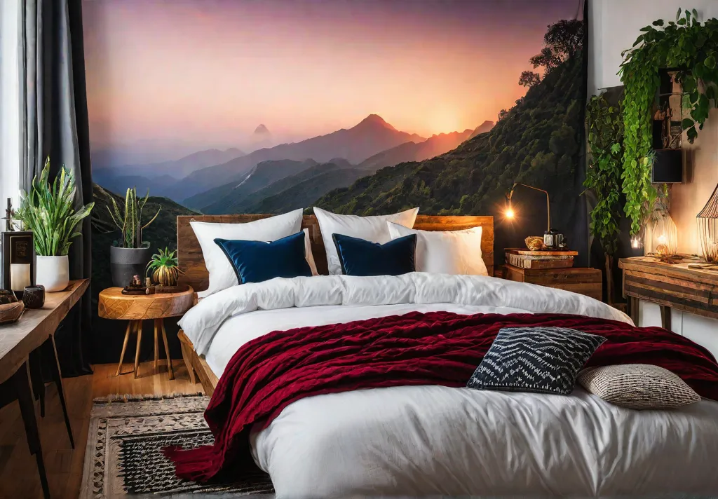 A cozy apartment bedroom with a bohemian style featuring a mix offeat