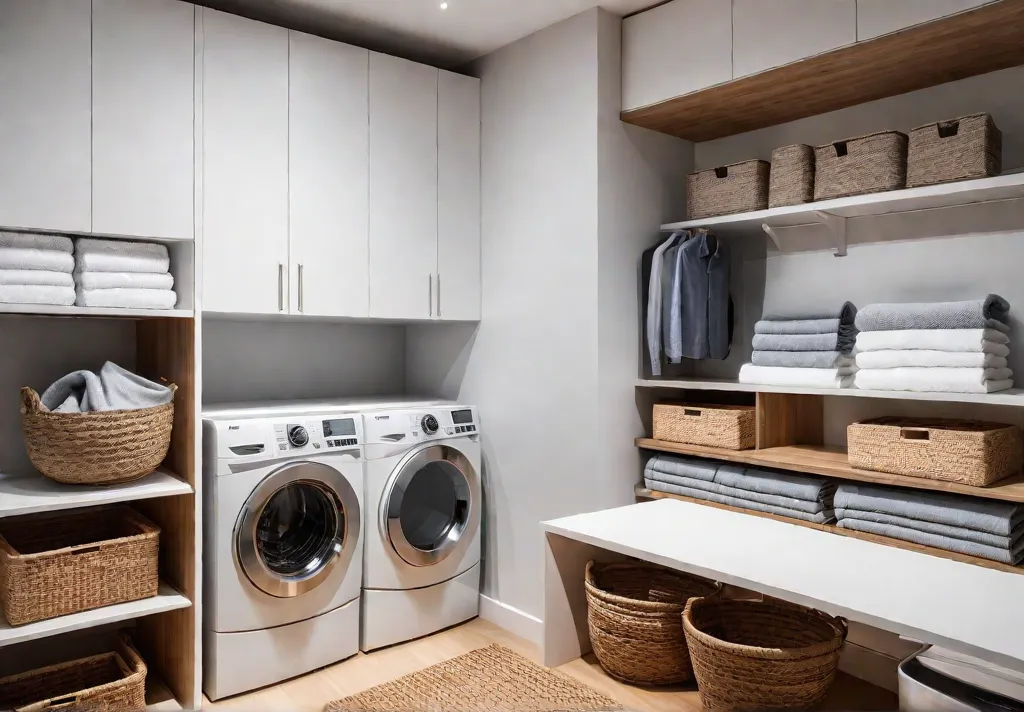 A cozy apartment laundry room with a stackable washer and dryer tuckedfeat