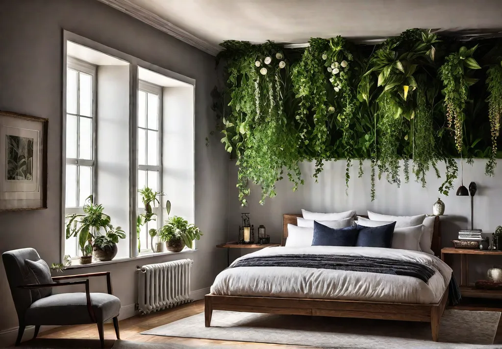 A cozy bedroom with lush plants hanging from the ceiling and trailingfeat