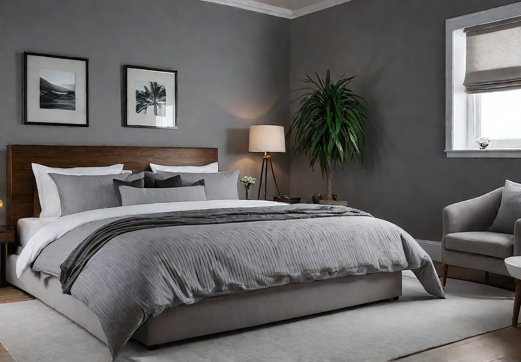A cozy bedroom with warm gray walls and plush white linensfeat