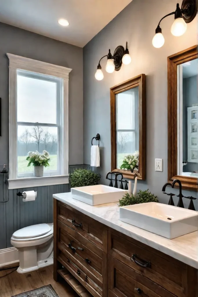 A cozy farmhouse bathroom with a double vanity a farmhouse sink and