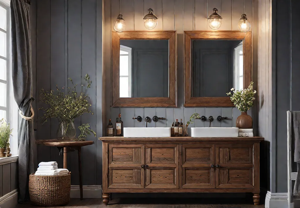 A cozy farmhouse bathroom with a rustic wooden vanity adorned with vintageinspiredfeat