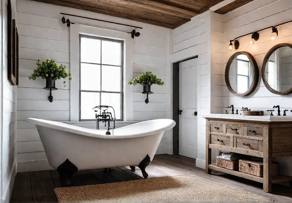 A cozy farmhouse bathroom with rustic wooden accents shiplap walls and afeat