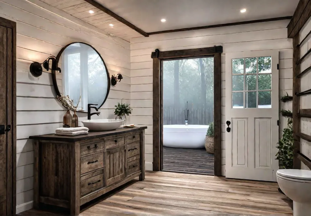 A cozy farmhouse bathroom with shiplap walls a distressed wood vanity withfeat