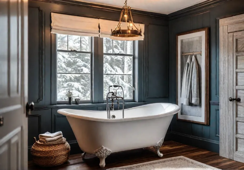 A cozy farmhouse bathroom with warm wood accents a freestanding clawfoot tubfeat