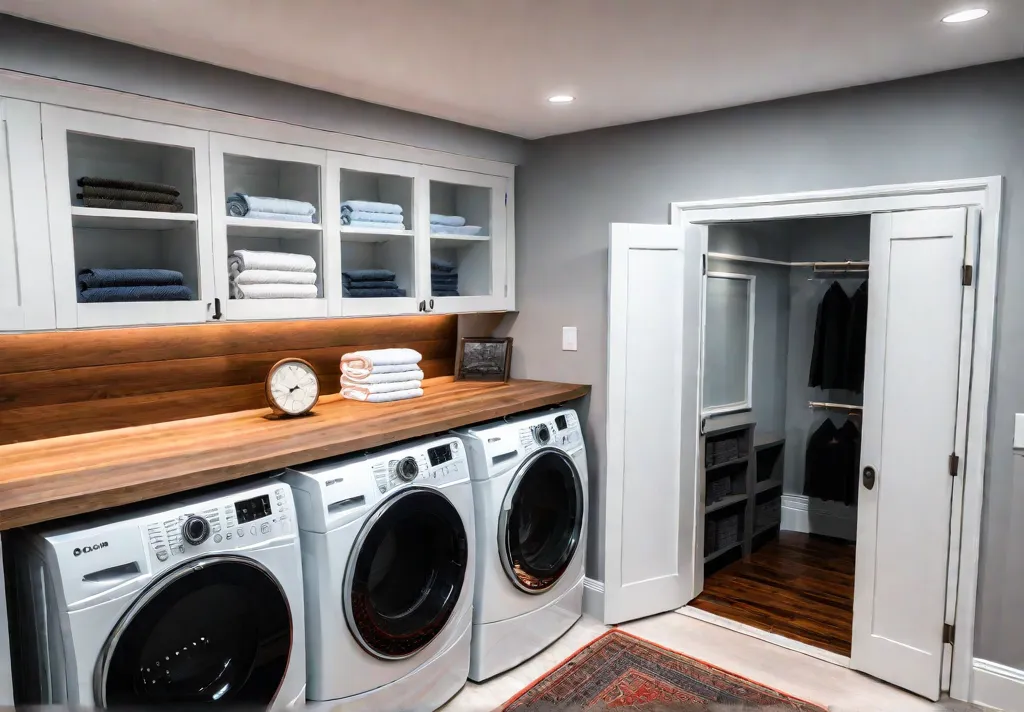 A cozy laundry room tucked beneath a staircase featuring builtin shelves overflowingfeat
