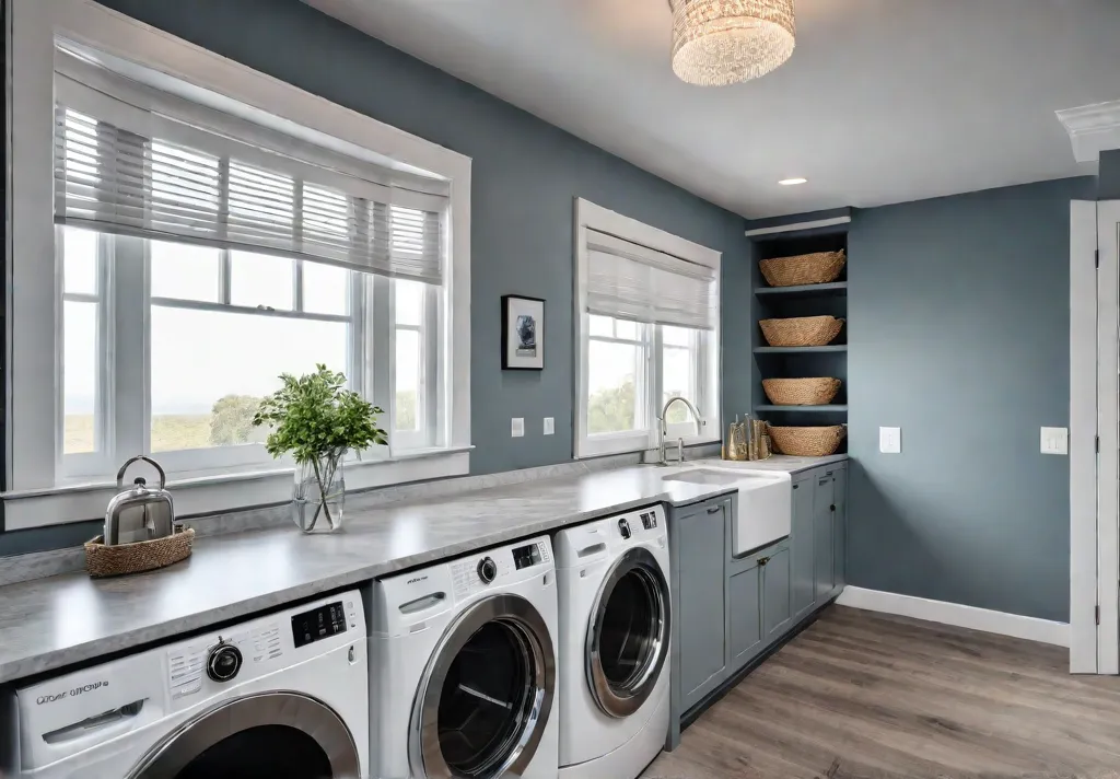 A cozy laundry room with a builtin pet station featuring a dogfeat