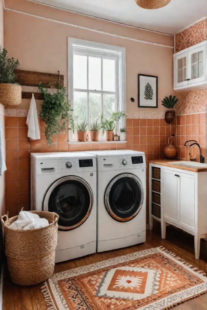 A cozy laundry room with terracotta walls a macrame wall hanging colorful