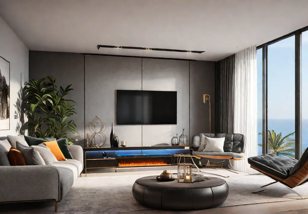 A cozy living room bathed in warm adjustable smart lighting highlighting afeat
