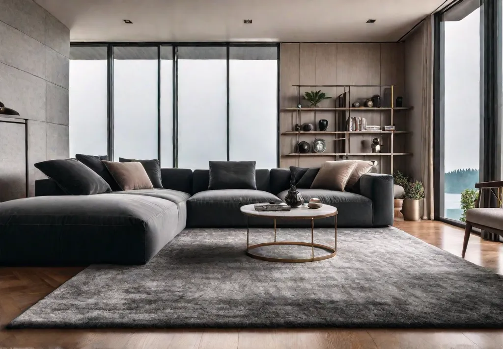 A cozy living room with a large sectional sofa in a neutralfeat