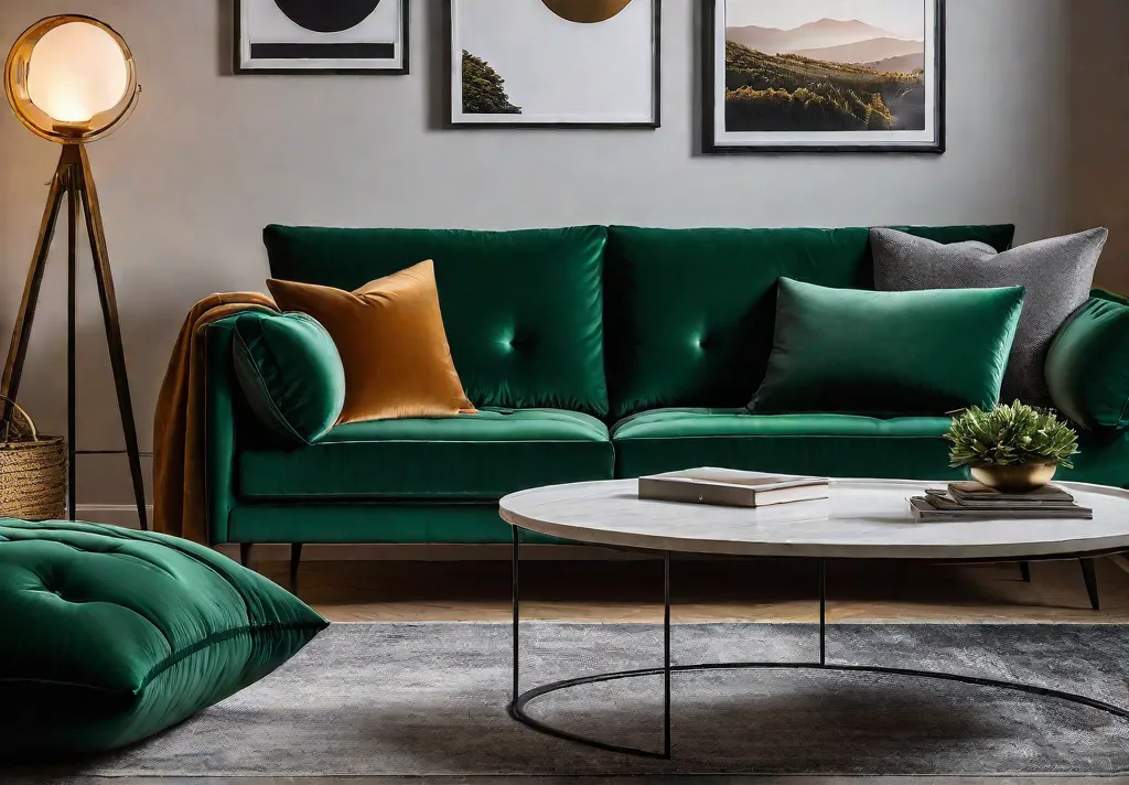 A cozy living room with a plush velvet sofa in emerald greenfeat