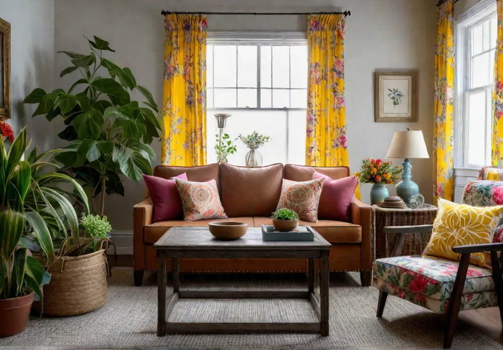 A cozy living room with a thrifted sofa reupholstered in a vibrantfeat