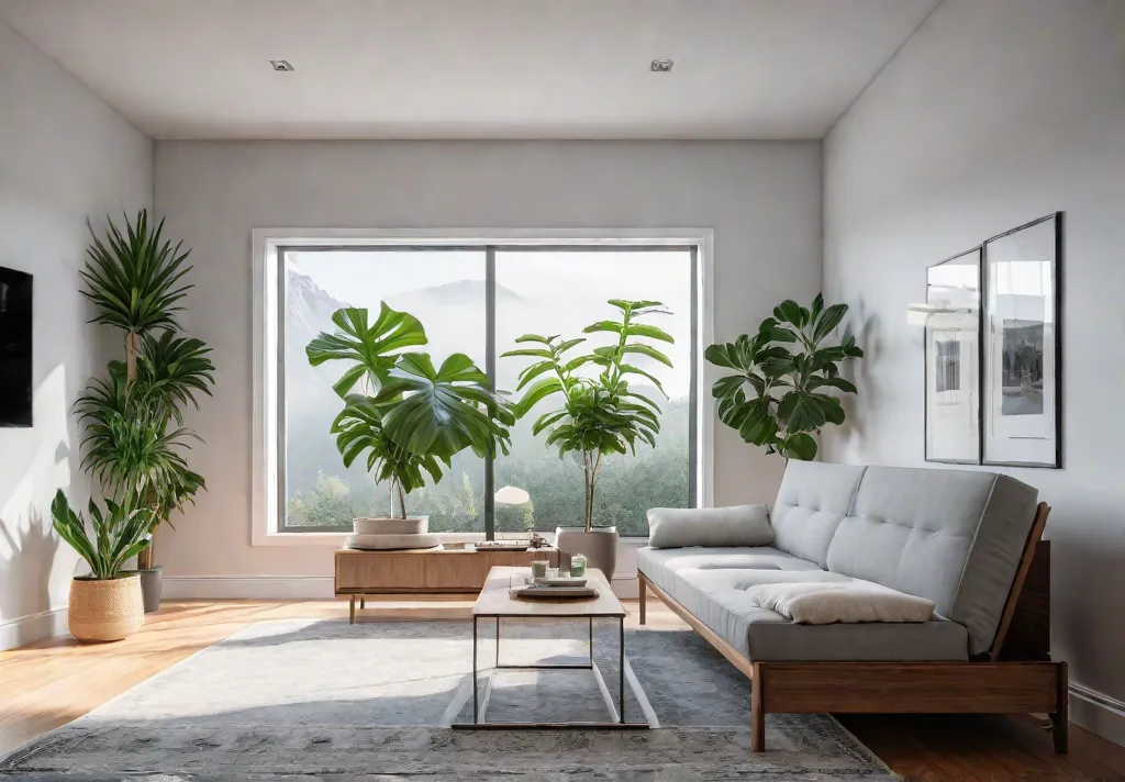 A cozy minimalist studio apartment living room with a futon sofa thatfeat