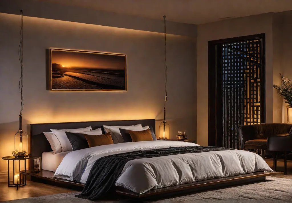 A dimly lit bedroom with soft amber mood lighting creating a cozyfeat