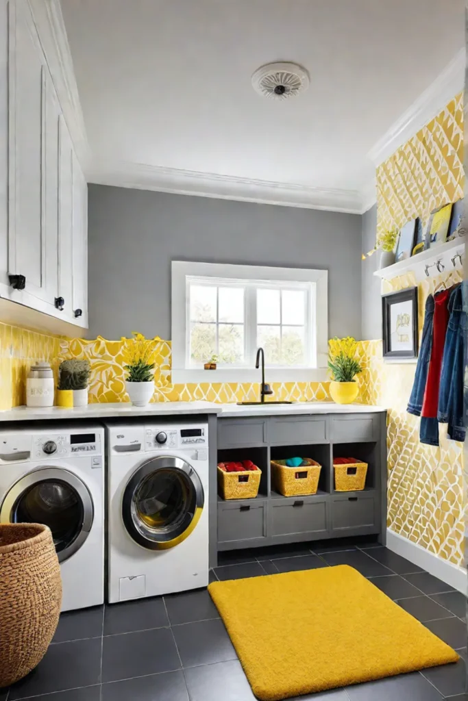 A familyfriendly laundry room with yellow walls a chalkboard wall colorful floor