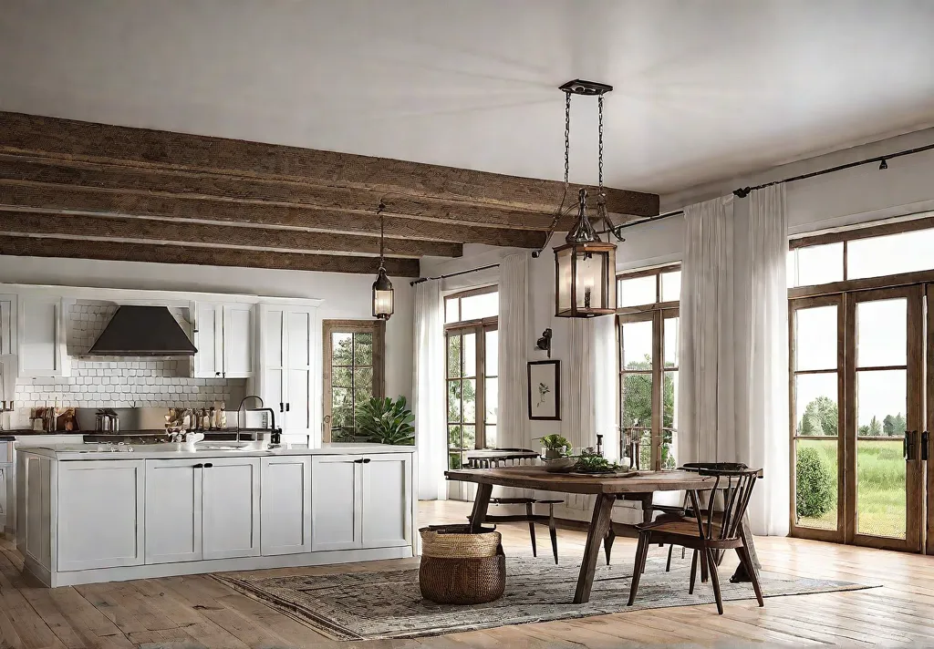 A farmhouse kitchen with a large wooden island white cabinets and vintageinspiredfeat