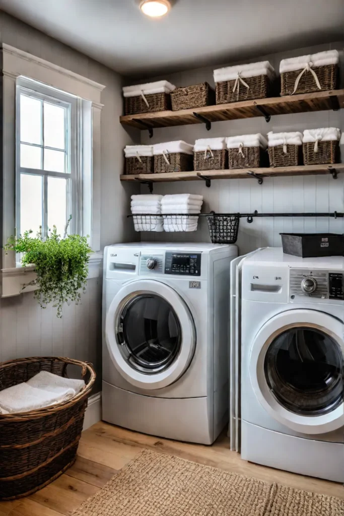 A farmhouse laundry room with open shelving and a vintage washboard