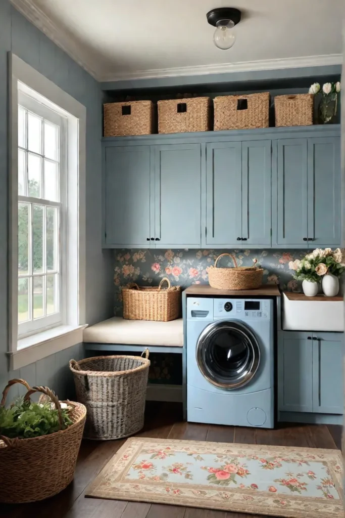 A farmhousestyle laundry room with bluegray shiplap walls floral wallpaper woodlook tile