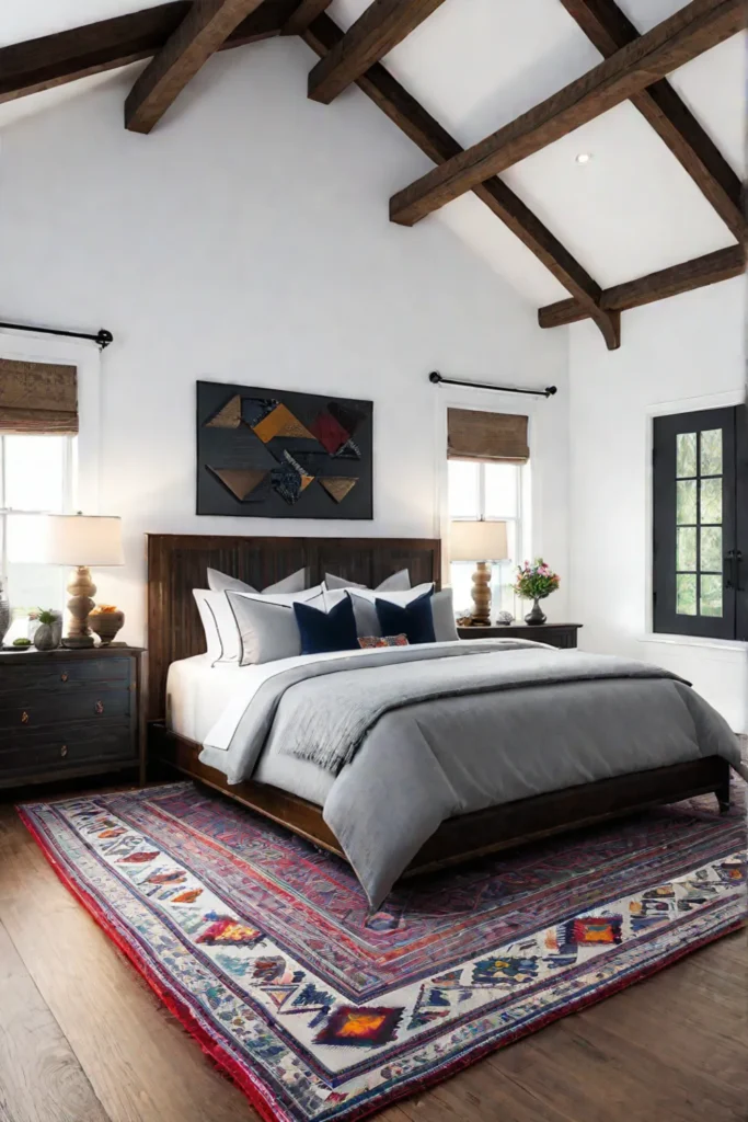 A geometric patterned rug in a rustic bedroom