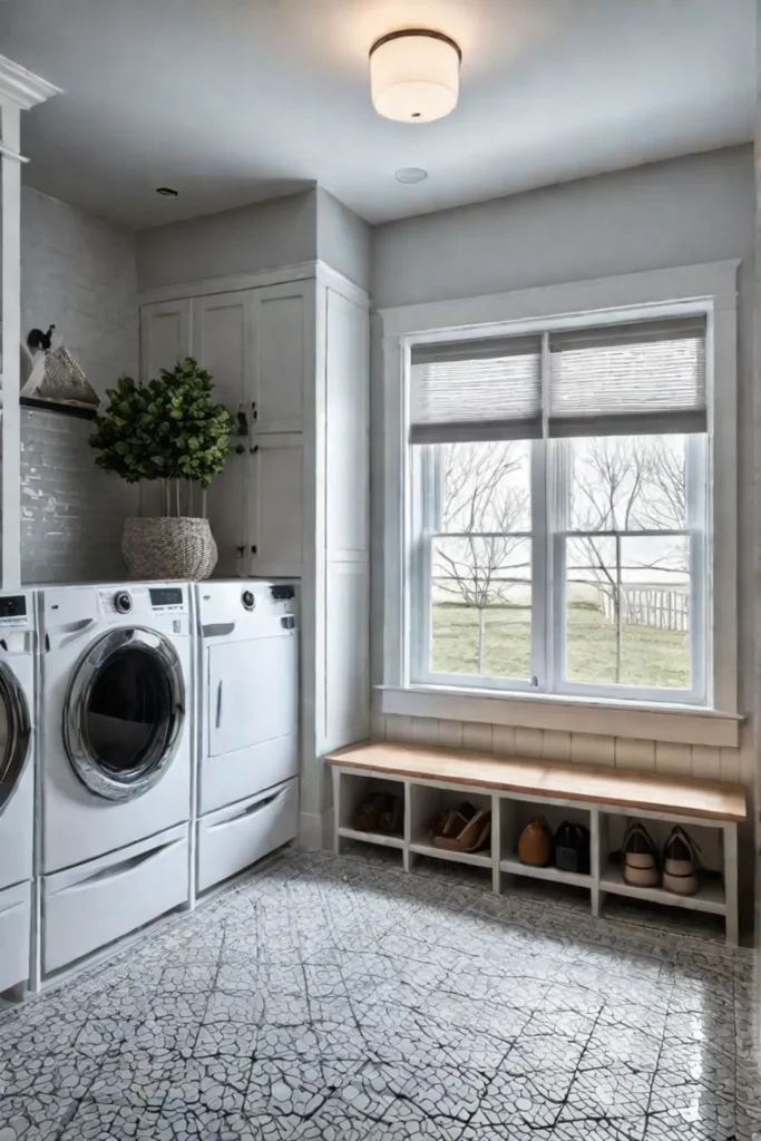 A laundry room with a mudroom area and a bench