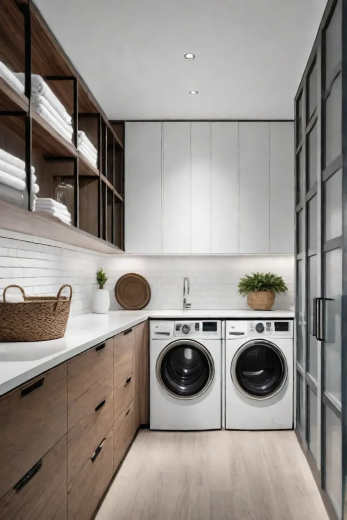 A laundry room with builtin cabinets and a woven basket