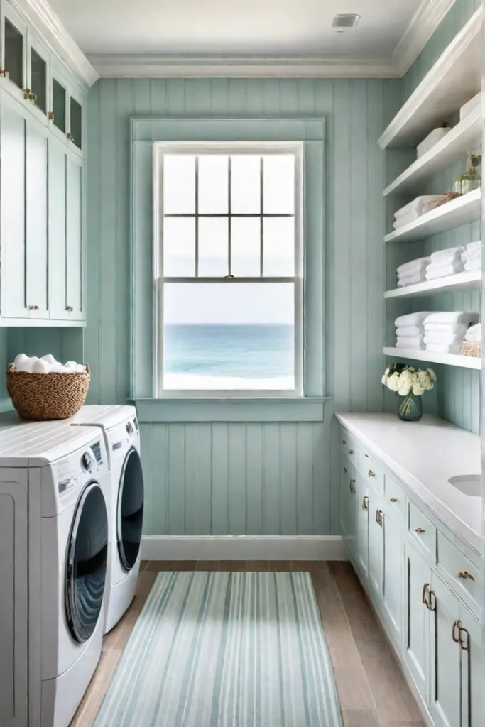 A laundry room with seafoam green walls seashell wallpaper gray woodlook tile