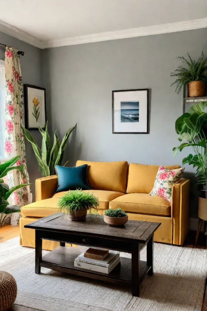 A living room showcasing thrifted and DIY furniture bathed in natural light