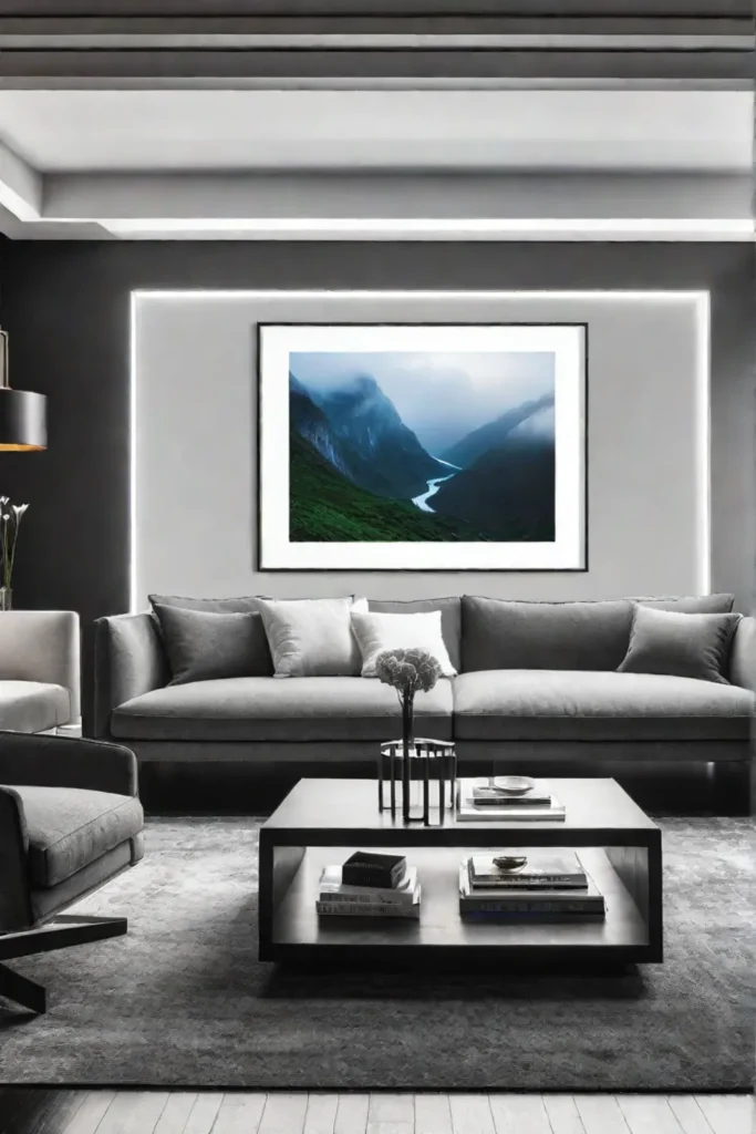 A living room with a black and white photography gallery wall