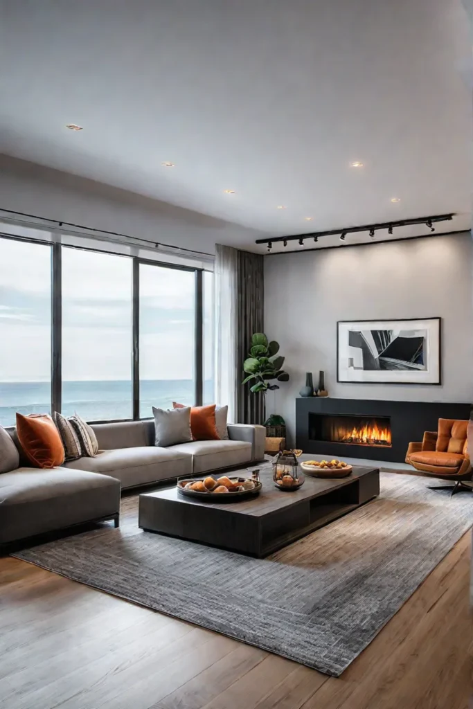 A living room with a fireplace as the central focus