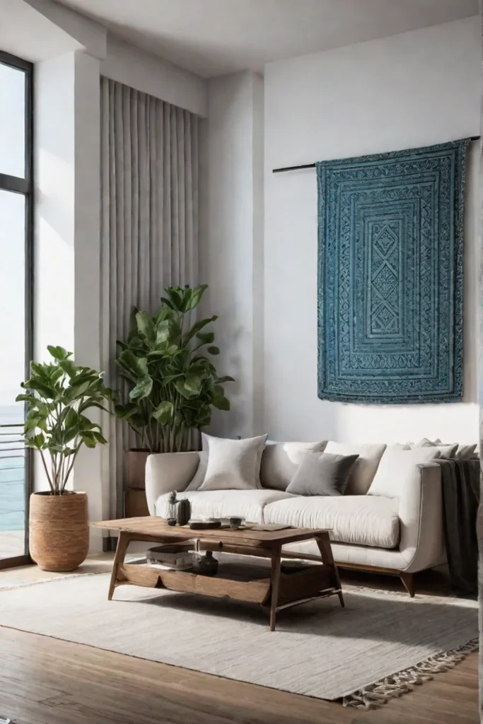 A living room with a woven tapestry