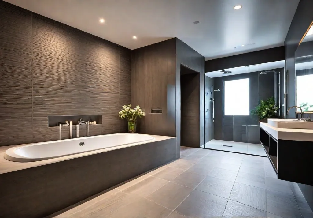 A luxurious modern bathroom with a spacious walkin shower featuring a rainfallfeat