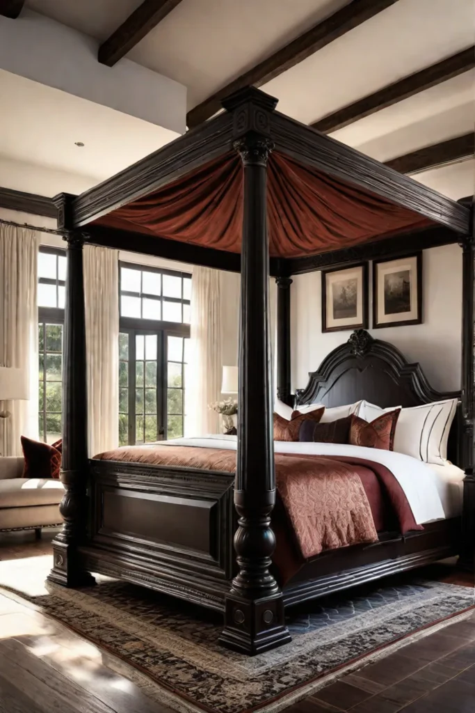A luxurious rug in a rustic bedroom with a fourposter bed