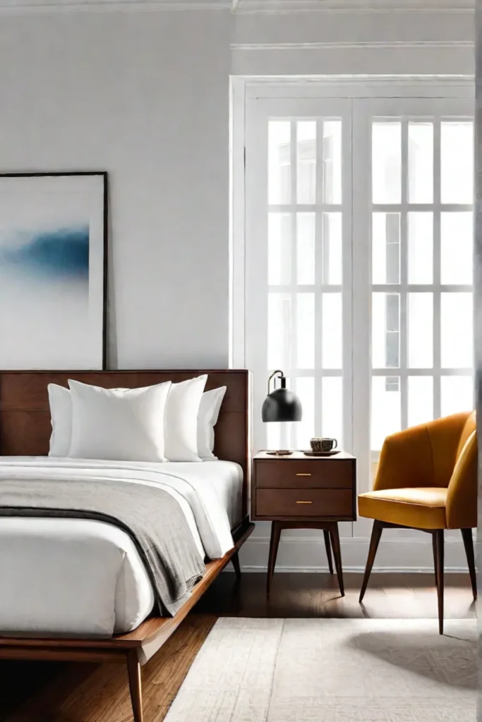 A midcentury modern bedroom with a lowprofile bed iconic nightstands and a