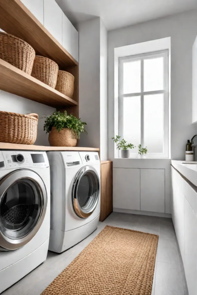 A minimalist laundry room with white walls and a woven basket