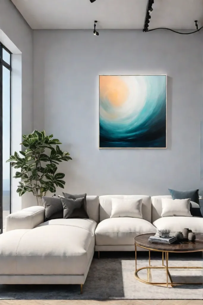 A minimalist living room with a large abstract painting