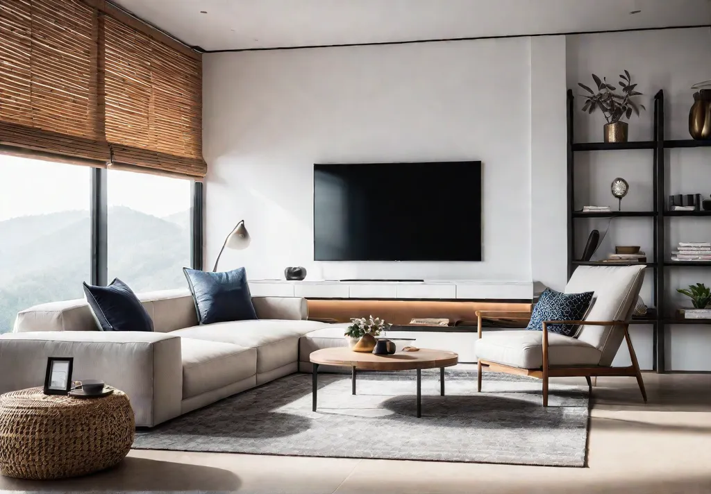 A minimalist living room with a neutral color palette featuring a sofafeat