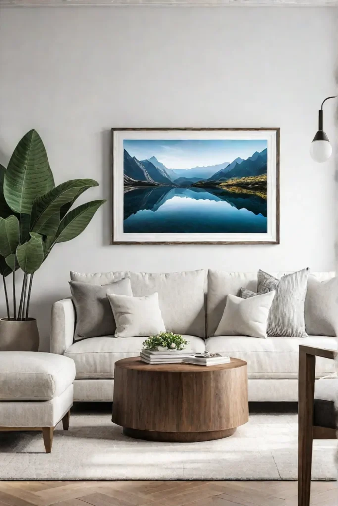 A minimalist living room with a single piece of artwork