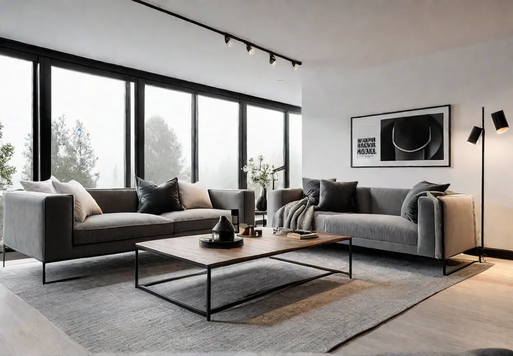 A minimalist living room with clean lines neutral colors and a cozyfeat