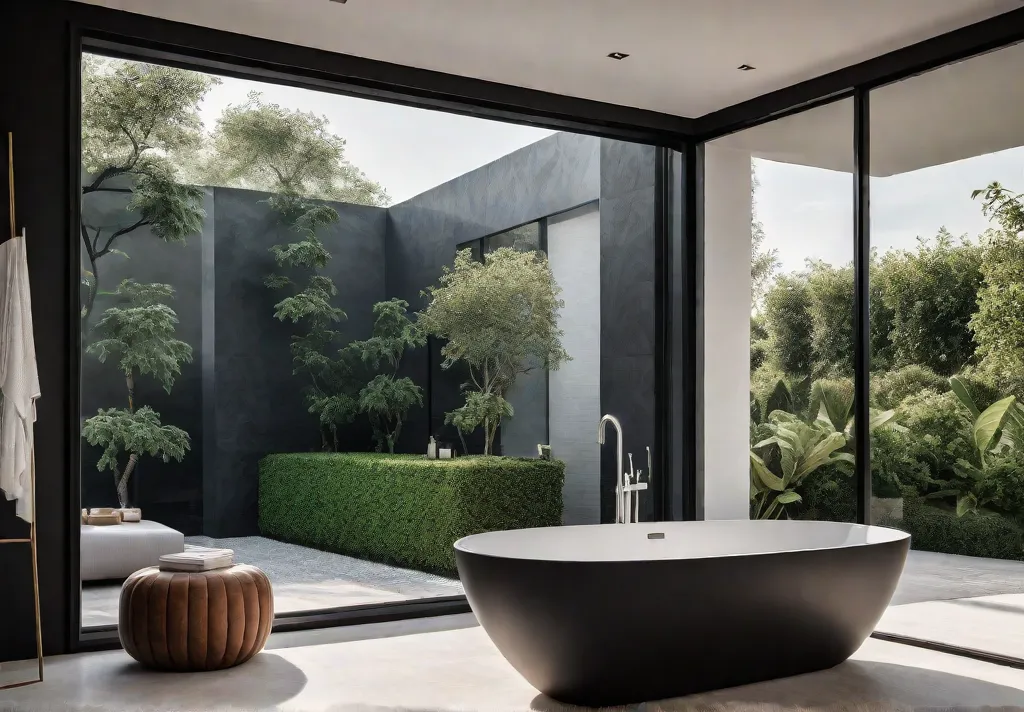 A modern bathroom with a freestanding bathtub positioned beneath a large windowfeat