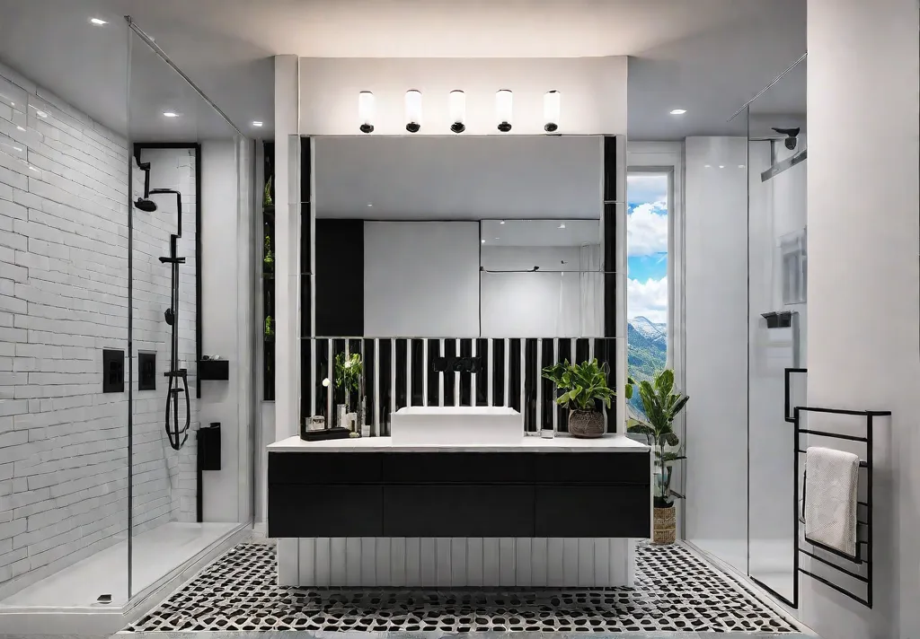 A modern bathroom with sleek black and white tiles a floating vanityfeat